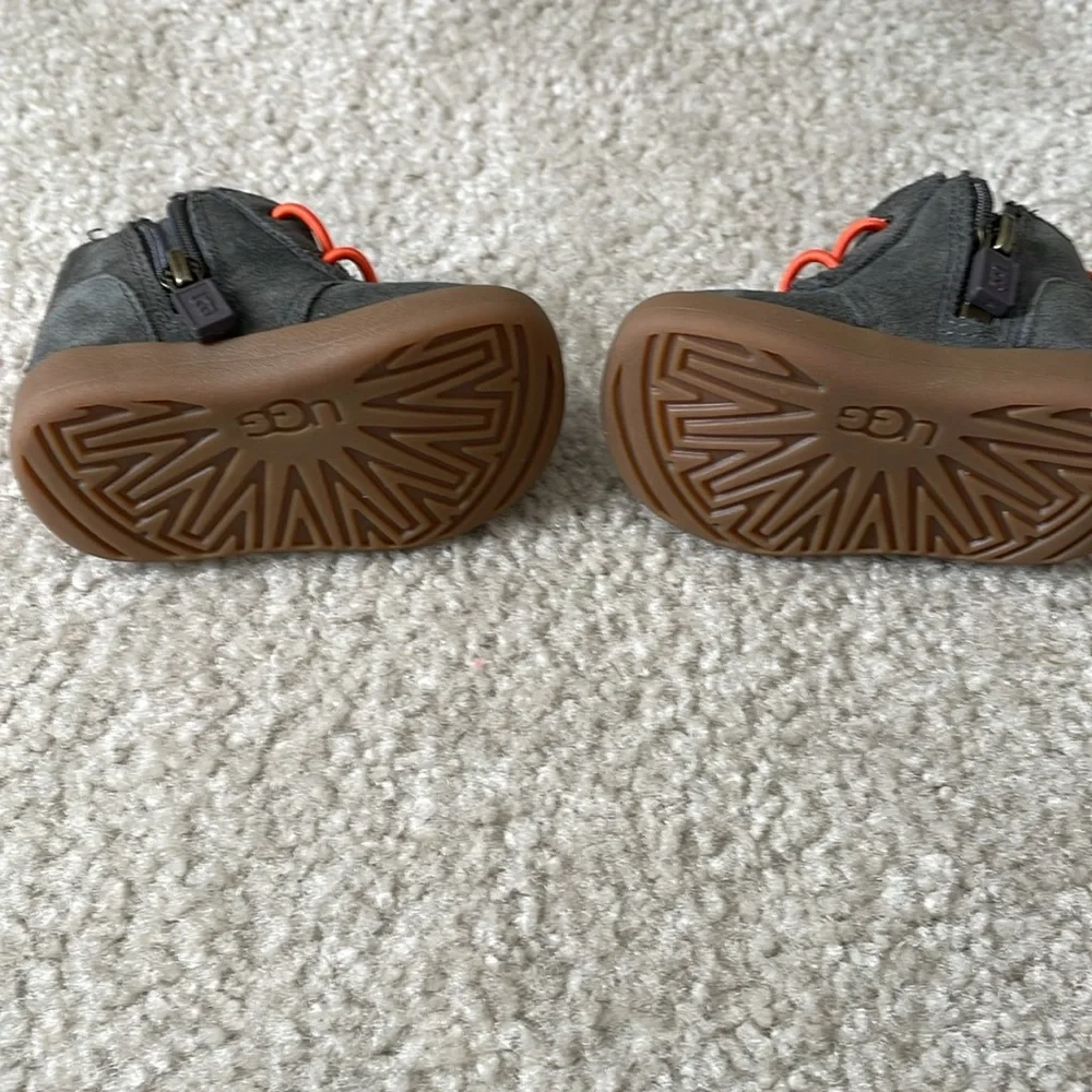 UGG Kids Dark Gray Suede Boots with Orange Accents